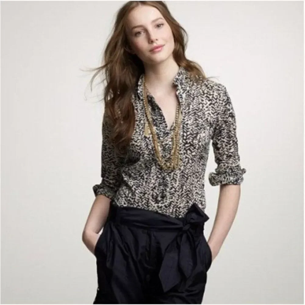 J. Crew Strada Fan Placket Perfect Shirt, Black/Cream, 100% Cotton, size 4 - Picture 1 of 13